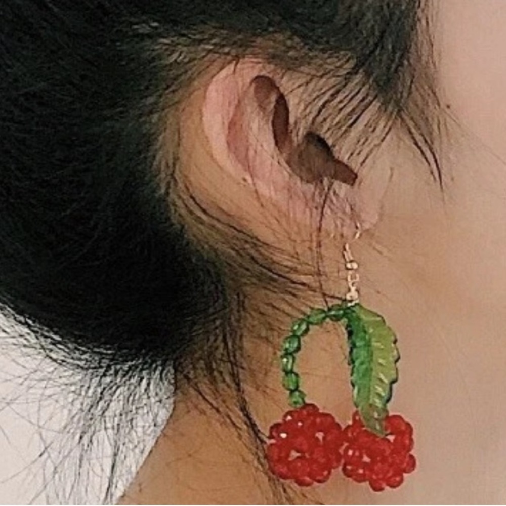Red Cherry Beaded Earrings - Picture 3 of 3